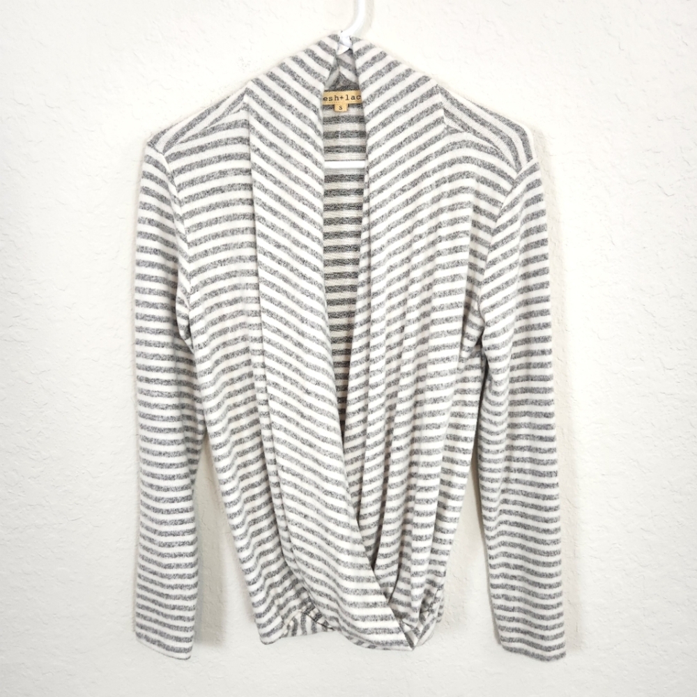 Mesh + Lace | New Striped Drape Front Sweater White Gray Small